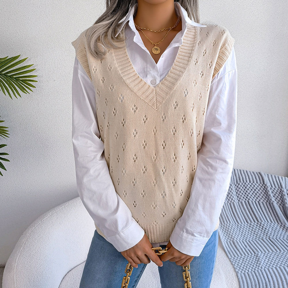 Pretty V Neck Diamond Pointelle Knit Pullover Sweater Vest