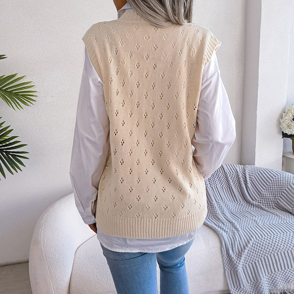 Pretty V Neck Diamond Pointelle Knit Pullover Sweater Vest