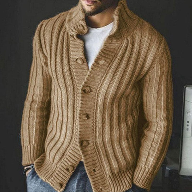 Refine High neck button Up Long Sleeve Men Chunky Rib Knit Cardigan