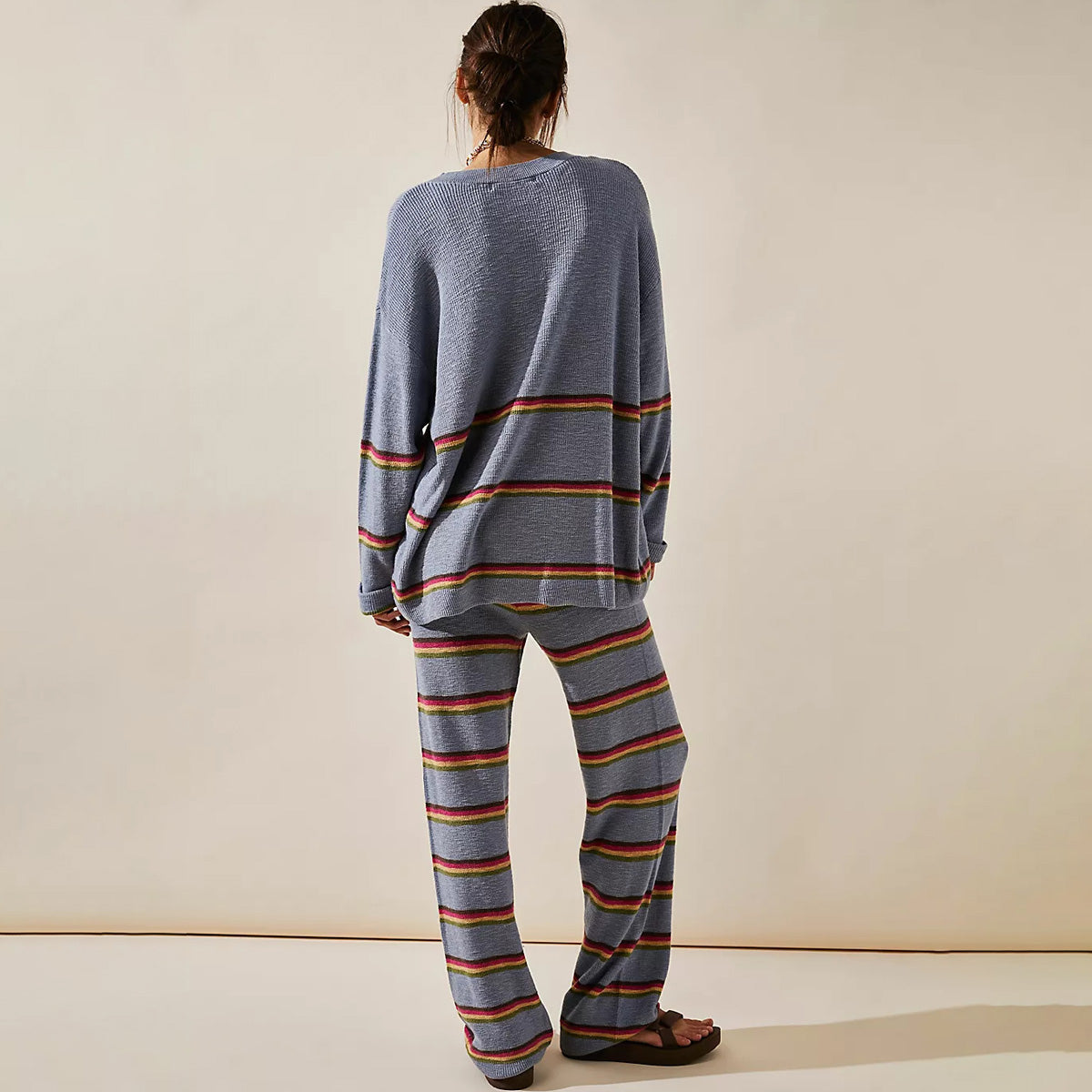 Relaxed Stripe Knit Oversized Sweater and High Rise Knit Pants Matching Set