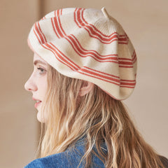 Retro Chic Contrast Color Striped Pattern Wool Blend Knit Beret Hat