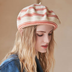 Retro Chic Contrast Color Striped Pattern Wool Blend Knit Beret Hat