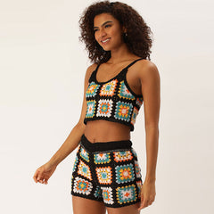 Retro Black Granny Square Crochet Knit Crop Top and Shorts Matching Set