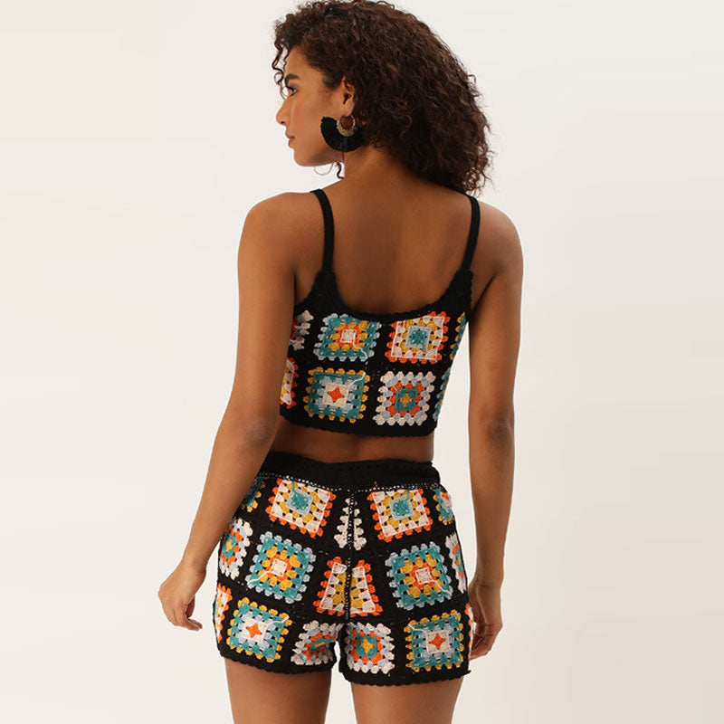 Retro Black Granny Square Crochet Knit Crop Top and Shorts Matching Set