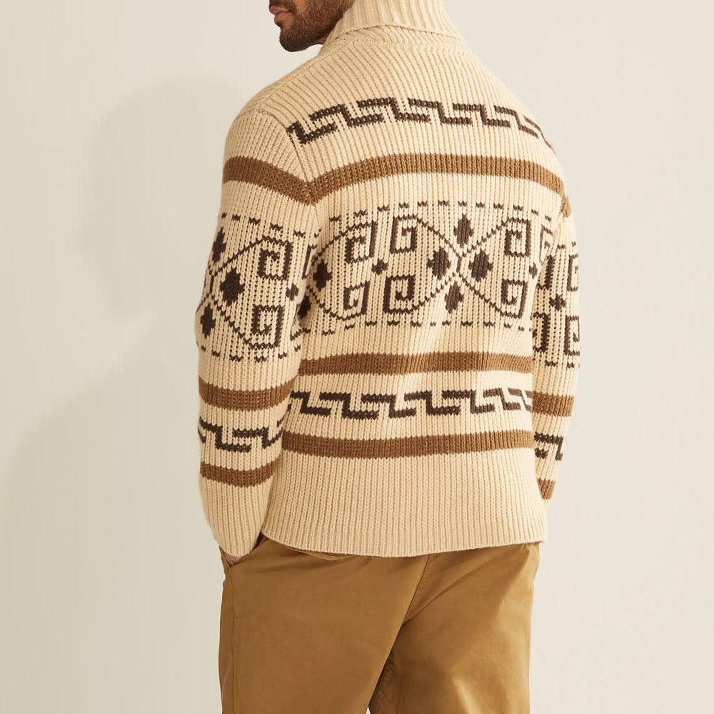 Retro Nordic Fair Isle Ribbed Knit Shawl Collar Winter Men Zip Up Cardigan
