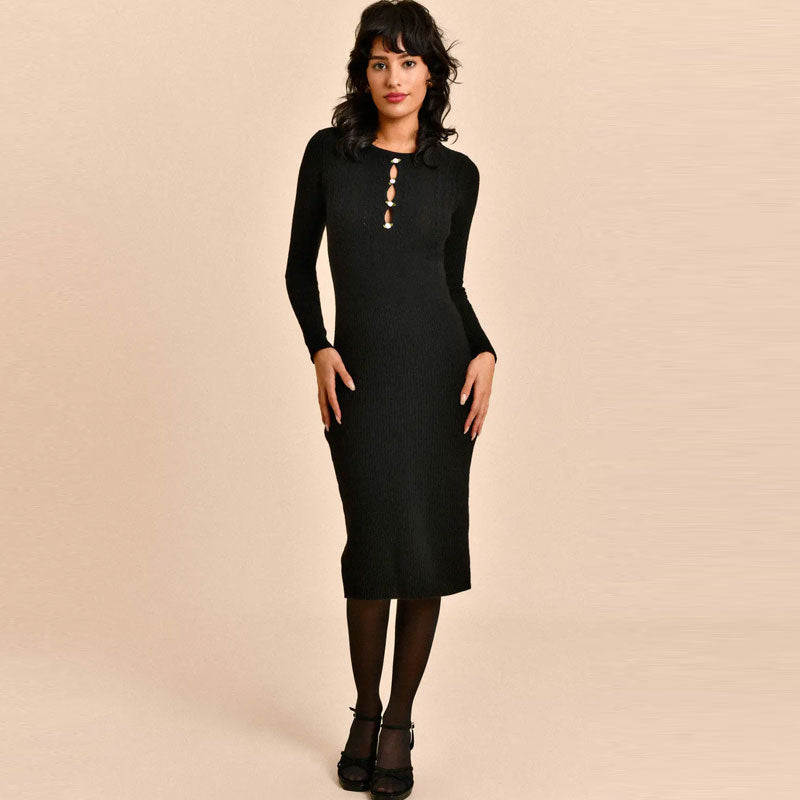 Retro Rose Detail Cutout Crew Neck Rib Knit Fitted Midi Black Sweater Dress