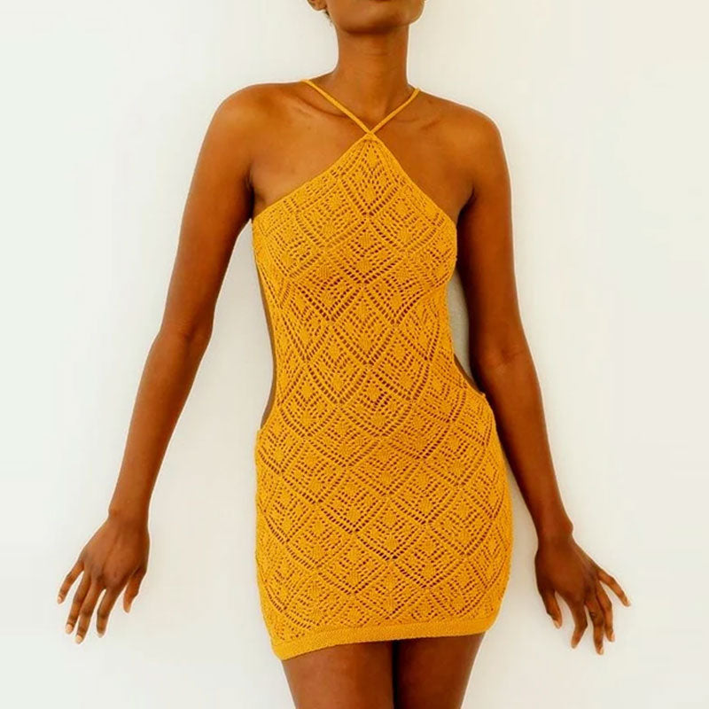 Semi Sheer Yellow Halter Backless Crochet Pointelle Knit Mini Cover Up Dress