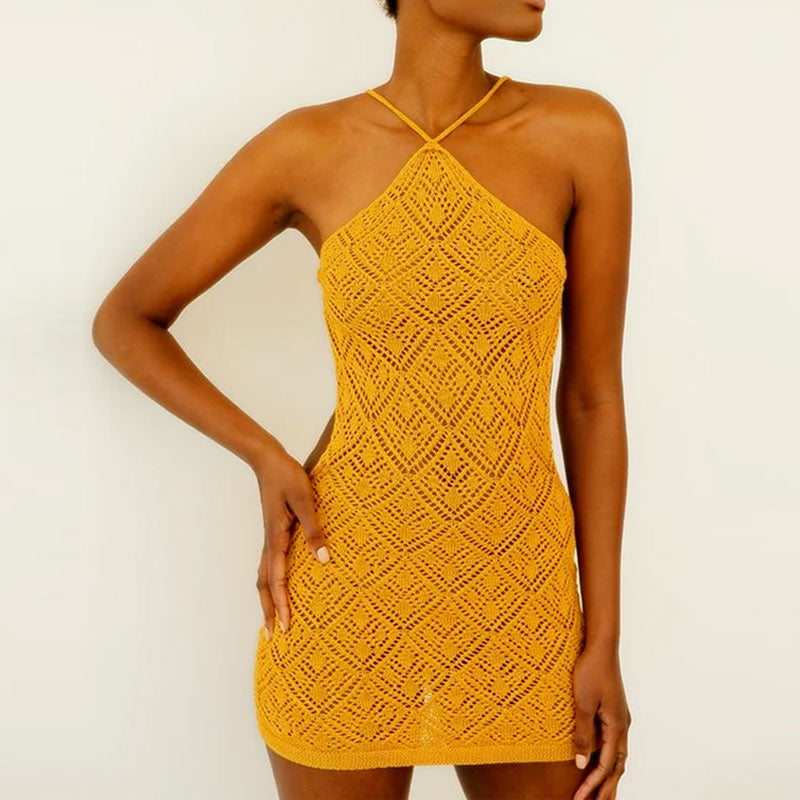 Semi Sheer Yellow Halter Backless Crochet Pointelle Knit Mini Cover Up Dress