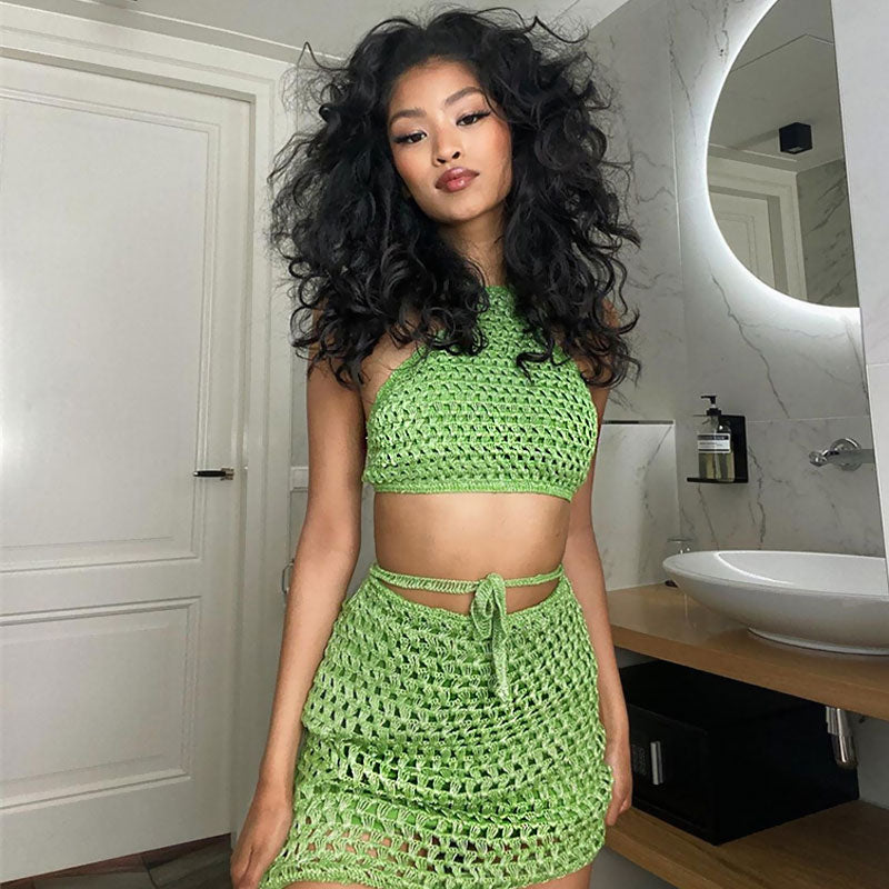 Sexy Backless Sleeveless Green Crochet Knit Super Cropped Halter Top