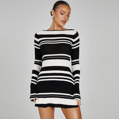 Sexy Boat Neck Flared Sleeve Tie Back Bold Stripe Mini Sweater Dress