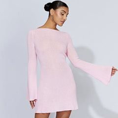 Sexy Boat Neck Flared Sleeve Tie Back Solid Color Mini Sweater Dress