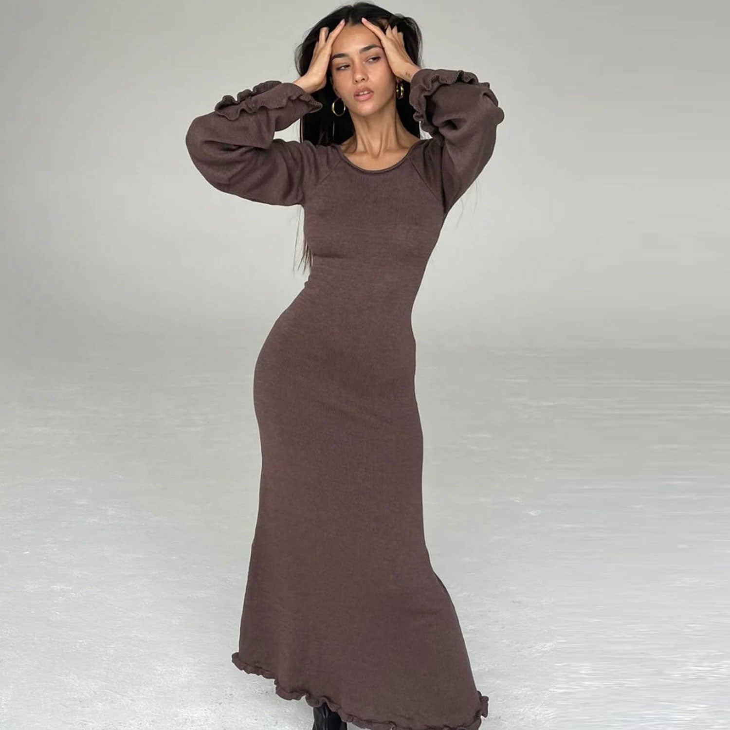 Sexy Cutout Back Tie Stringy Selvedge Bell Sleeve Knit Sweater Maxi Dress