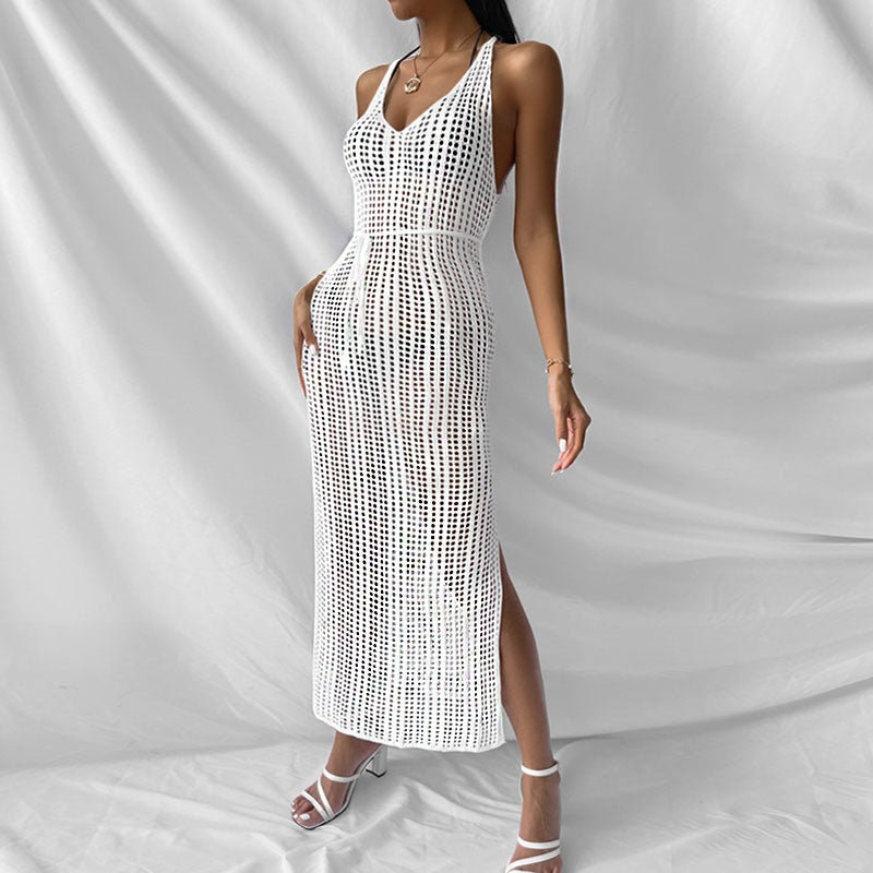 Sexy Deep V Backless High Split Crochet Knit Cover Up Dress