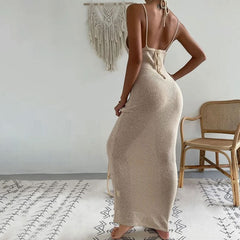 Sexy Deep V Neck Halter Tie Back Cami Sheer Knit Cover Up Maxi Dress