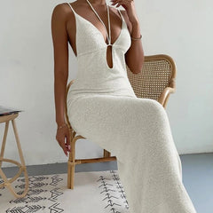 Sexy Deep V Neck Halter Tie Back Cami Sheer Knit Cover Up Maxi Dress