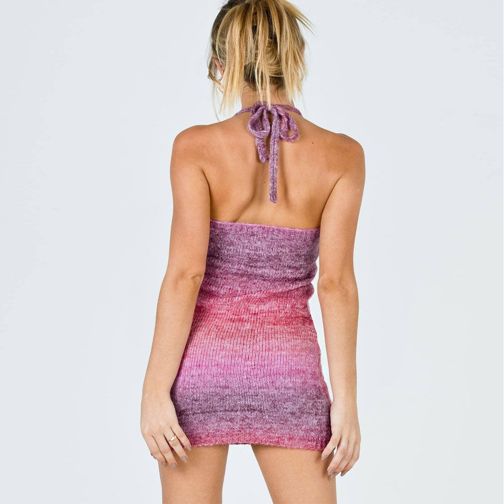 Sexy Halter Neck Sleeveless Open Back Ombre Knit Mini Bodycon Dress