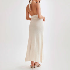 Sexy Halter Tie Rosette Applique High Split Backless Knit Maxi Dress