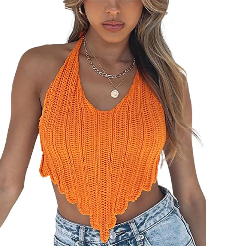 Sexy Hanky Hem Scoop Neck Backless Brioche Rib Knit Crop Halter Top