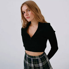 Sexy Black High Neck Half Zip Long Sleeve Cropped Rib Knit Top