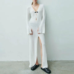 Sexy Keyhole Cutout Plunging Neck Long Sleeve Split Maxi White Cover Up Dress