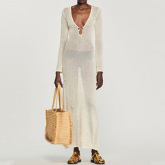 Sexy O Ring Keyhole Cutout V Neck Beaded Beige Openwork Knit Maxi Cover Up Dress