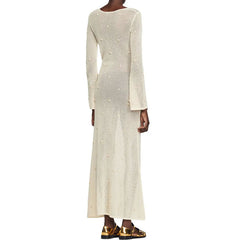 Sexy O Ring Keyhole Cutout V Neck Beaded Beige Openwork Knit Maxi Cover Up Dress