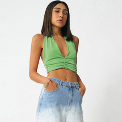 Sexy Green Plunging Halter Neck Tie Sleeveless Open Back Knit Cropped Top