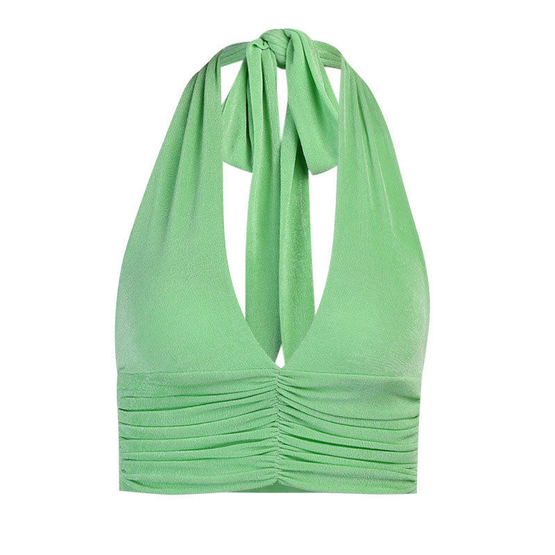 Sexy Green Plunging Halter Neck Tie Sleeveless Open Back Knit Cropped Top