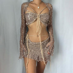 Sexy Sequin Ripped Crochet Knit Shrug Bra Top and Low Rise Skirt Matching Set