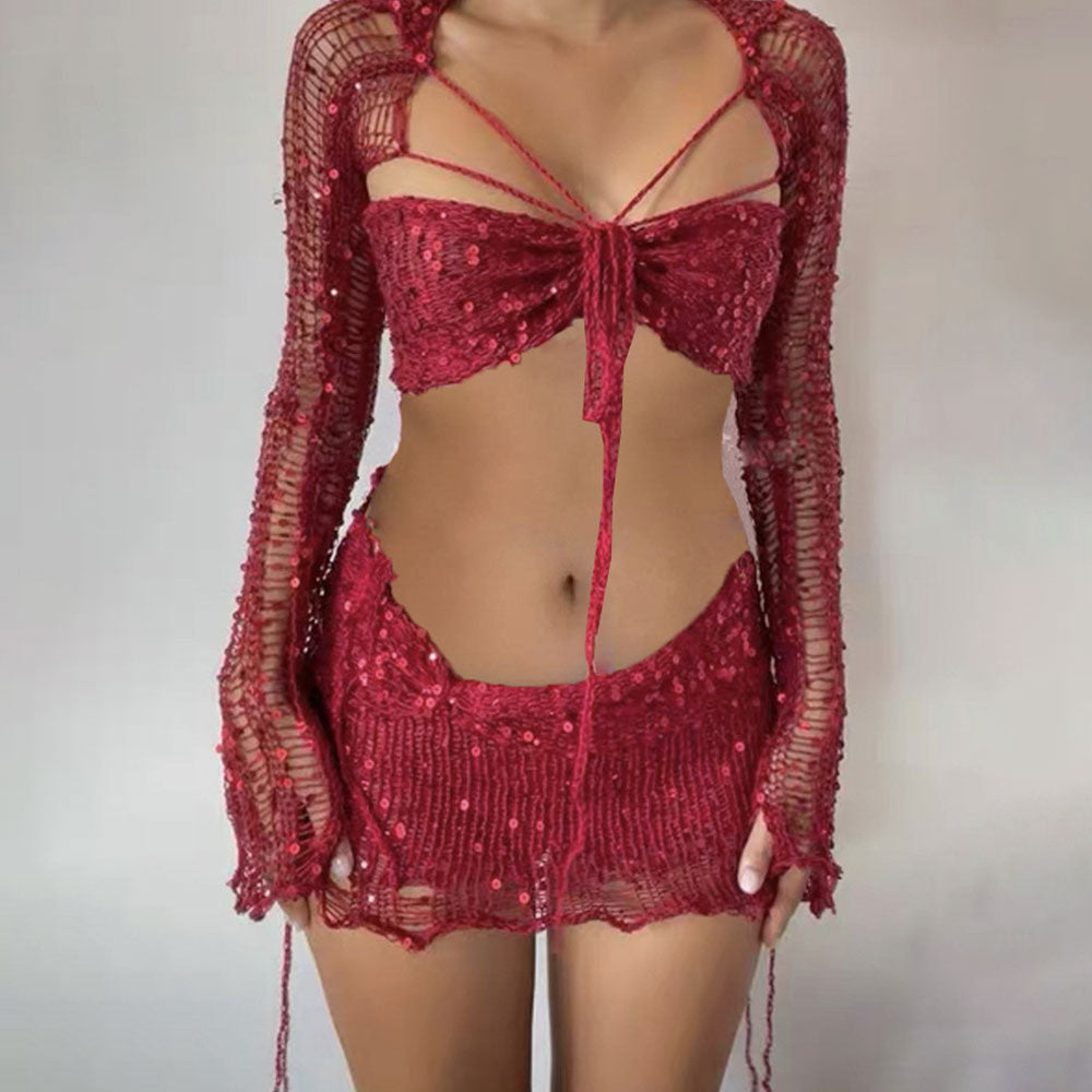 Sexy Sequin Ripped Crochet Knit Shrug Bra Top and Low Rise Skirt Matching Set