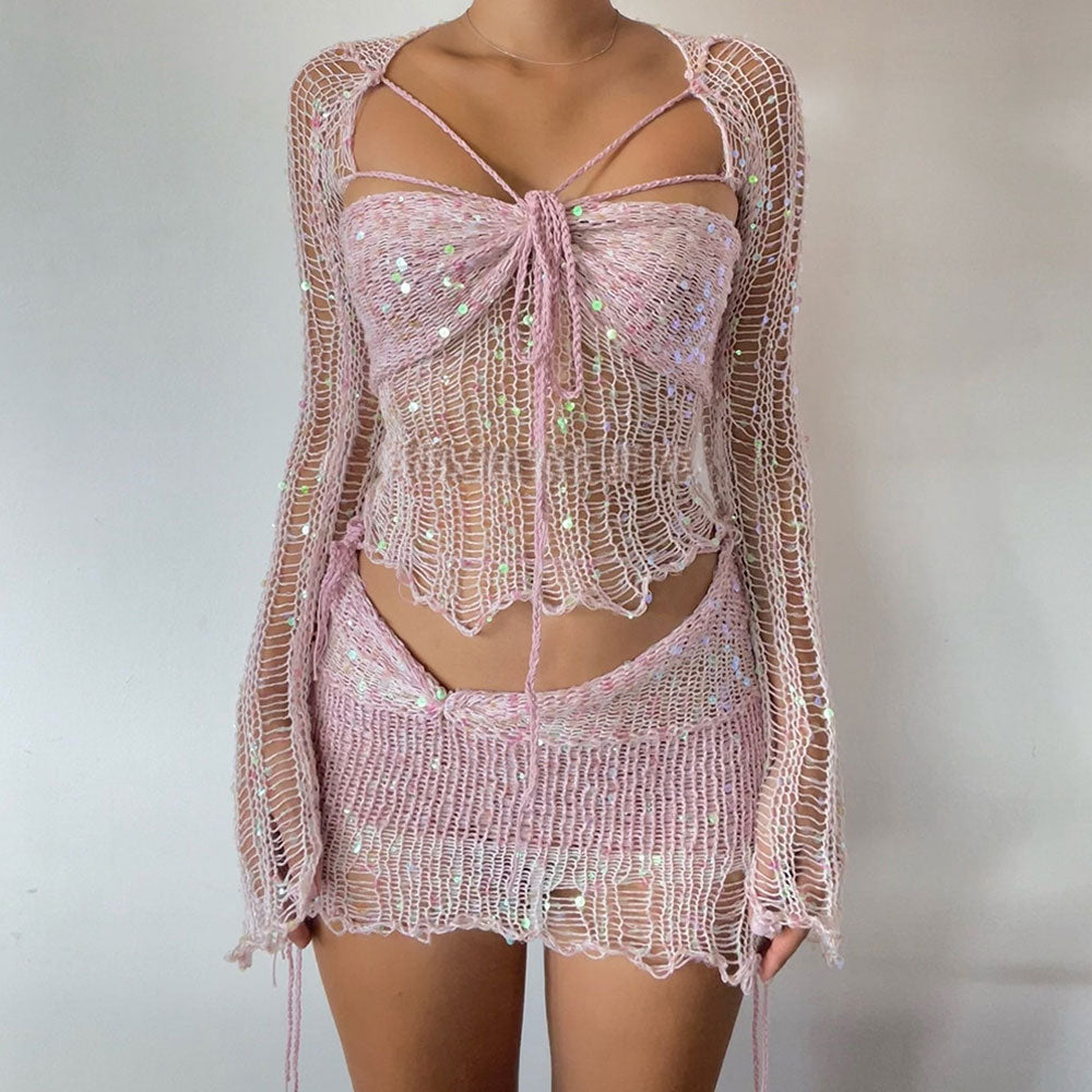 Sexy Sequin Ripped Crochet Knit Shrug Tube Top and Low Rise Skirt Matching Set