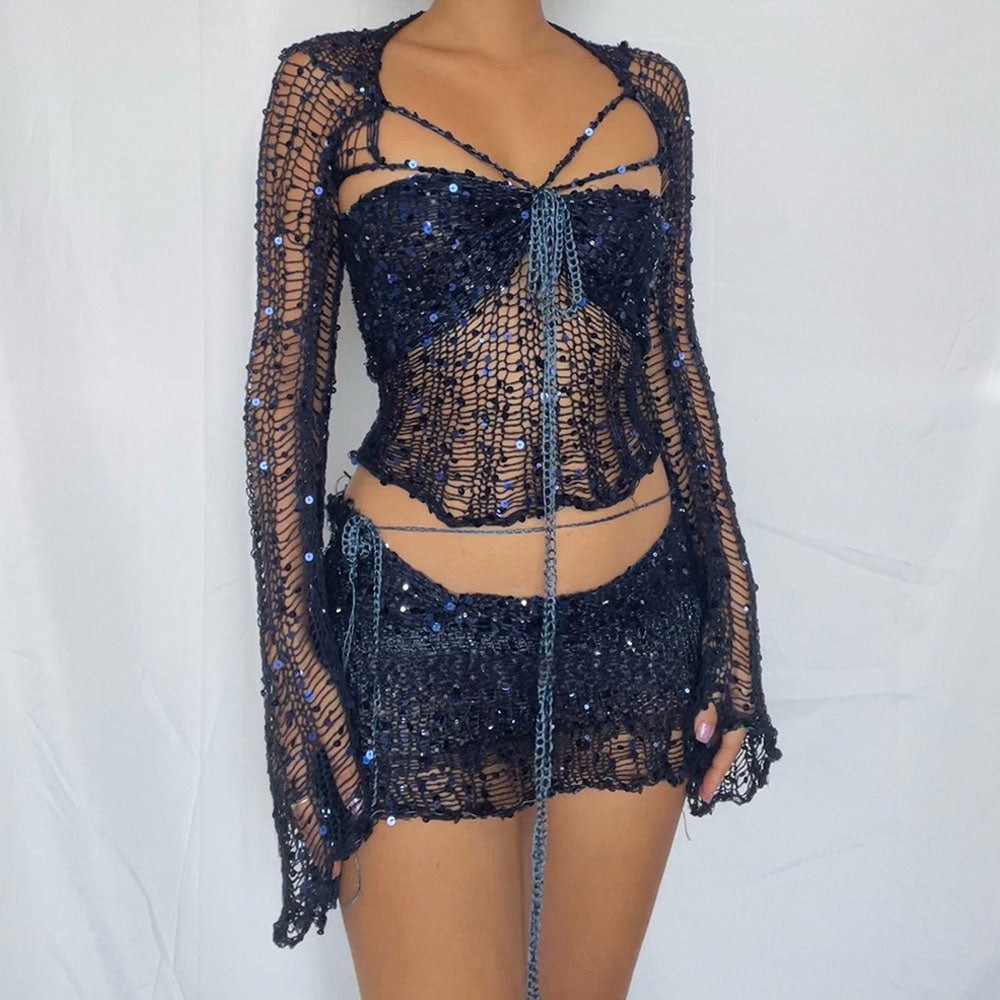 Sexy Sequin Ripped Crochet Knit Shrug Tube Top and Low Rise Skirt Matching Set