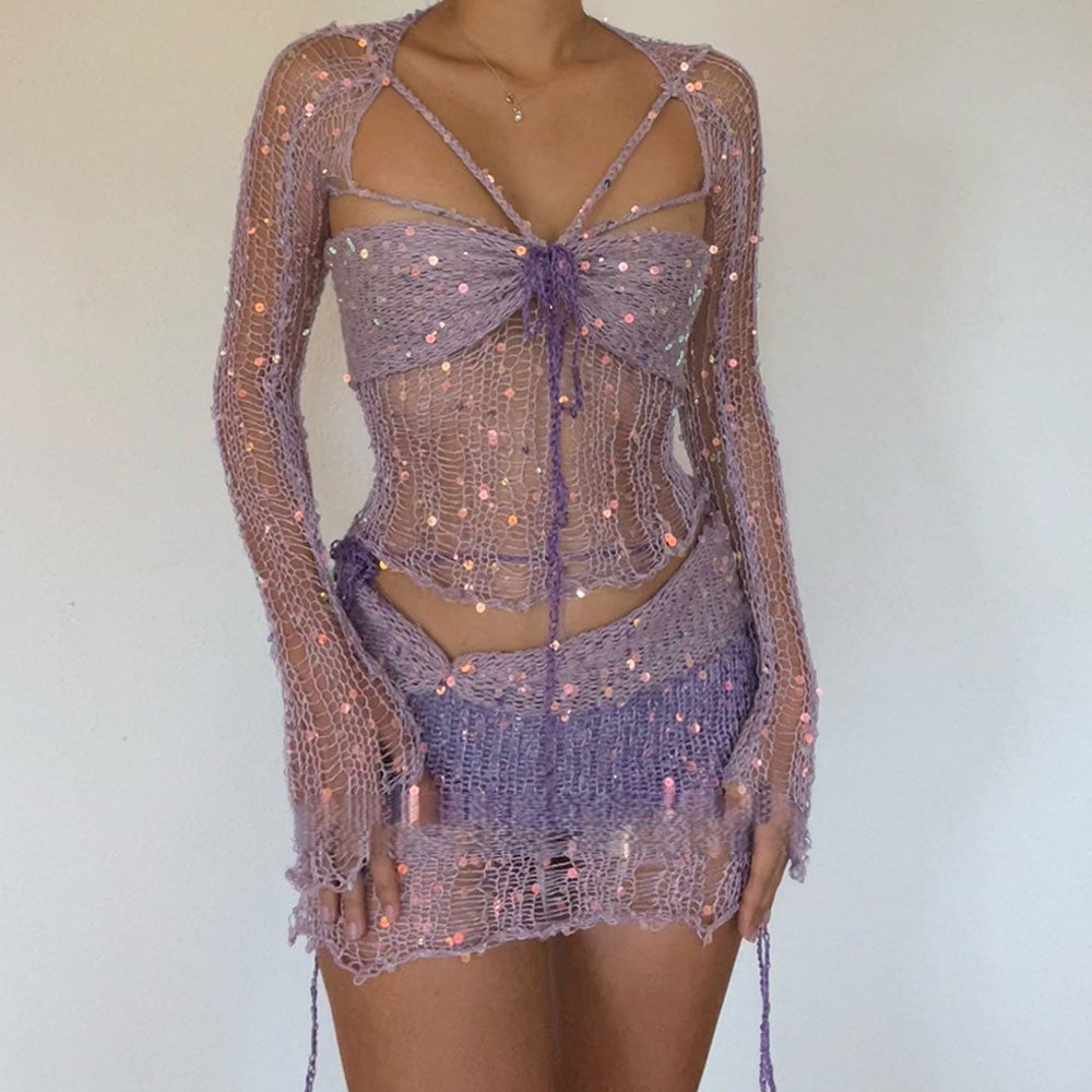 Sexy Sequin Ripped Crochet Knit Shrug Tube Top and Low Rise Skirt Matching Set