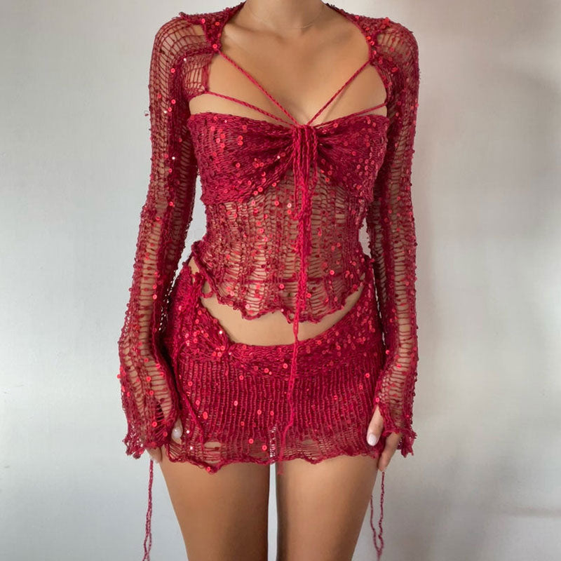 Sexy Sequin Ripped Crochet Knit Shrug Tube Top and Low Rise Skirt Matching Set