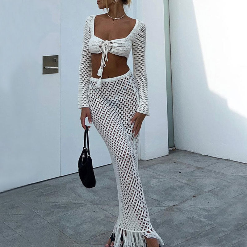 Sexy Sheer Crochet Knit Lace Up Crop Top and Fringe Maxi Skirt Matching Set