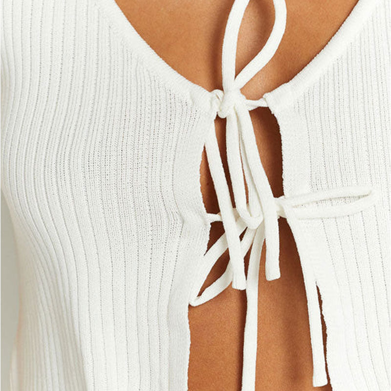 Sexy Solid Color Tie Front Scoop Neck Rib Knit Crop Tank Top