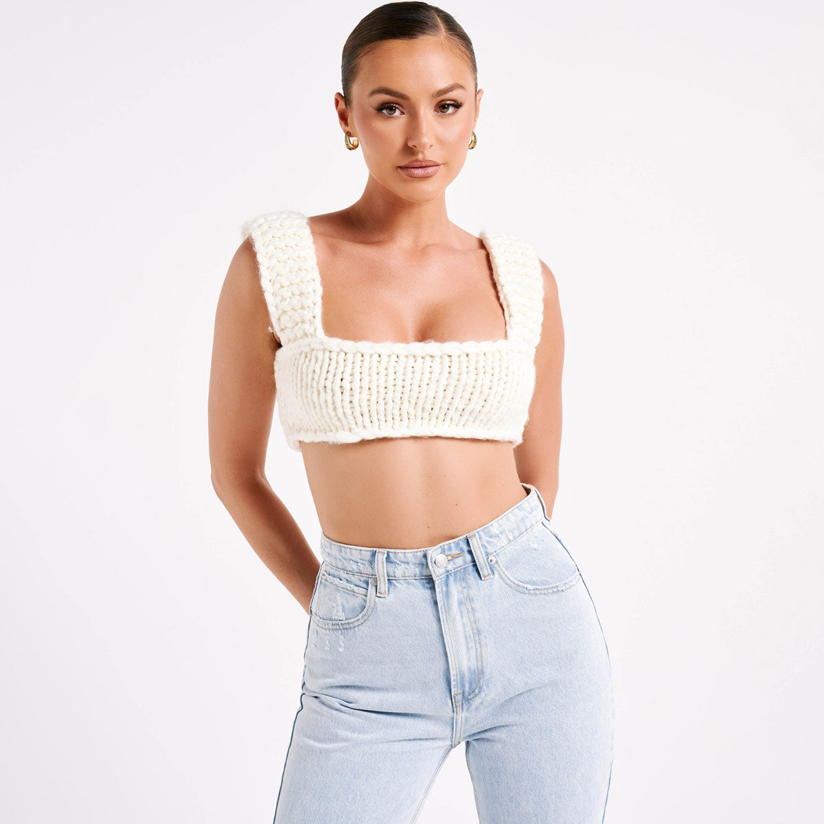 Sexy Square Neck Lace Up Tie Back Chunky Yarn Cropped Crochet Knit Bra