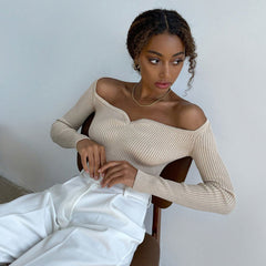 Sexy Sweetheart Neck Long Sleeve Pullover Rib Knit Top