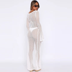 Sexy Tie Neck Cutout Bell Sleeve Split See Through Crochet Knit Maxi Dress