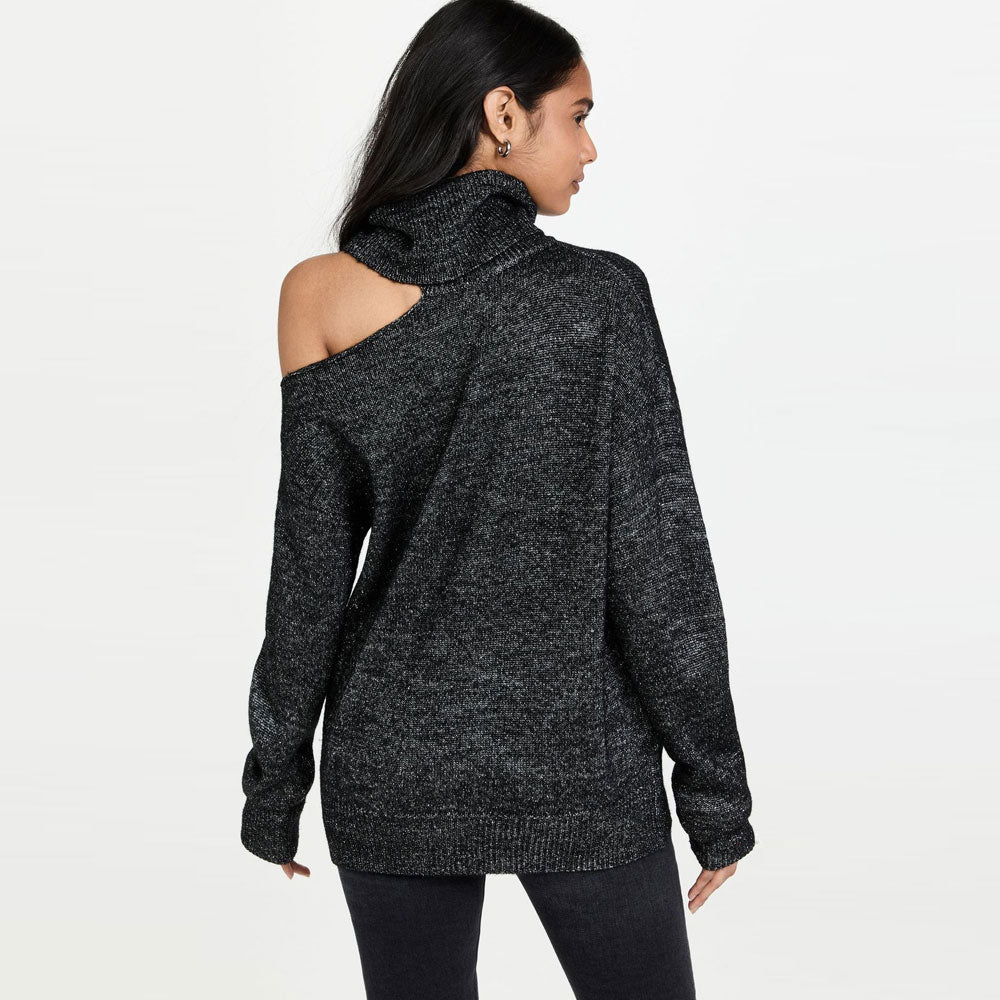 Sexy Turtleneck Asymmetric Cold Shoulder Long Sleeve Knit Top