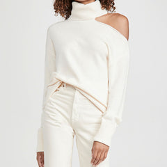 Sexy Turtleneck Asymmetric Cold Shoulder Long Sleeve Knit Top