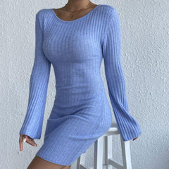 Sexy Twist Back Cutout Bell Sleeve Chunky Ribbed Knit Winter Sweater Mini Dress