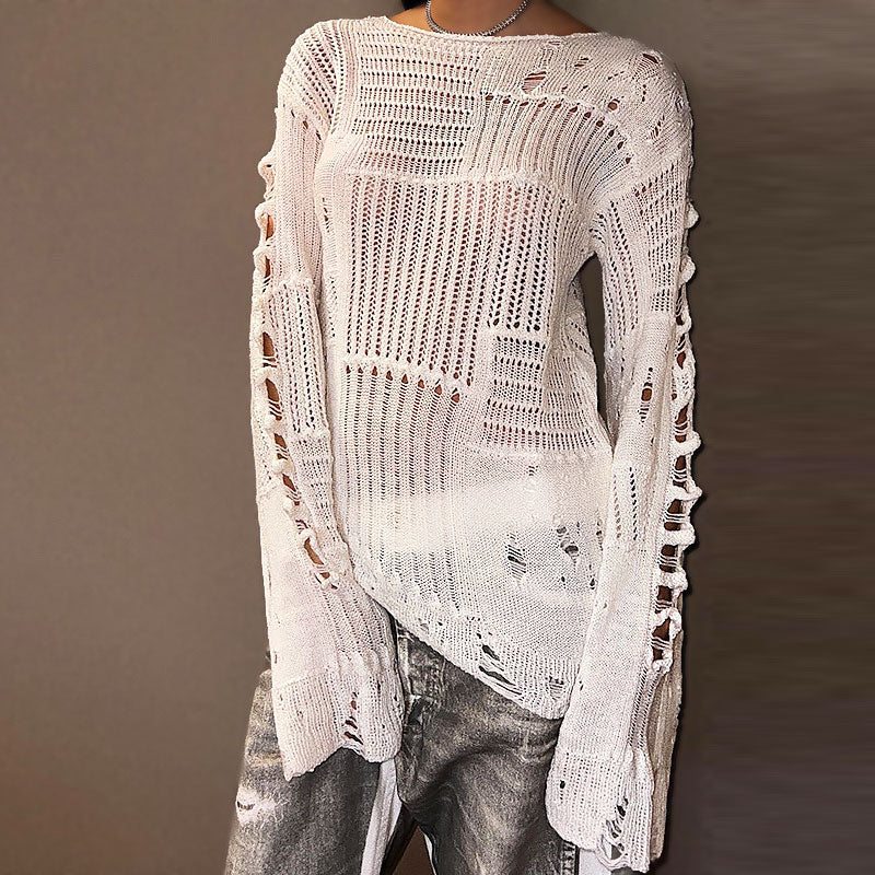 Sheer White Boat Neck Drop Shoulder Distressed Ladder Knit Top