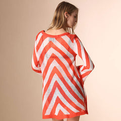 Sheer Chevron Orange and White Striped Bell Sleeve Crew Neck Pullover Long Sweater