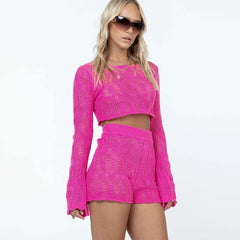 Sheer Crochet Pointelle Knit Bell Sleeve Crop Top and Shorts Matching Set