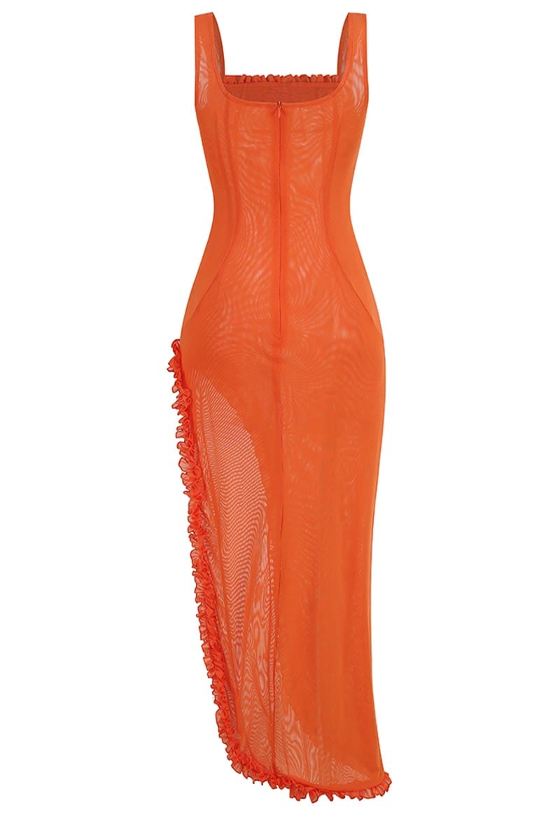 Sheer Sophistication Orange Asymmetric Maxi Dress