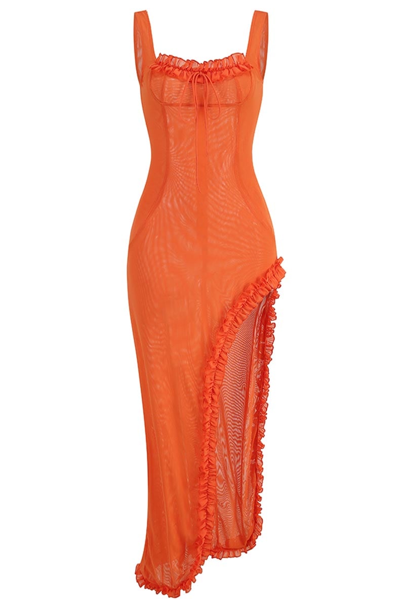 Sheer Sophistication Orange Asymmetric Maxi Dress