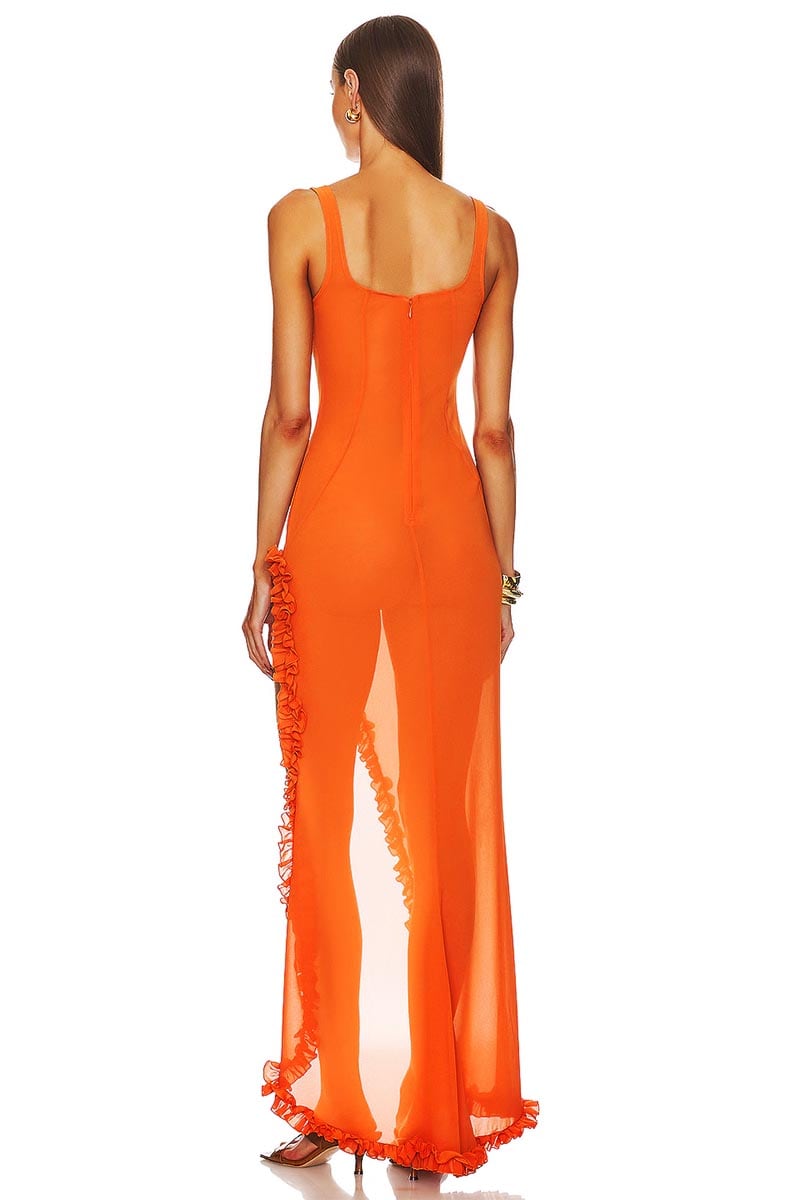 Sheer Sophistication Orange Asymmetric Maxi Dress