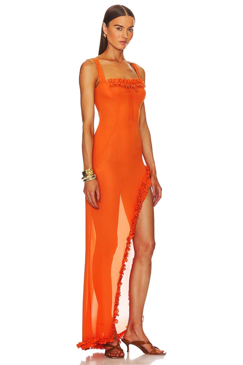 Sheer Sophistication Orange Asymmetric Maxi Dress