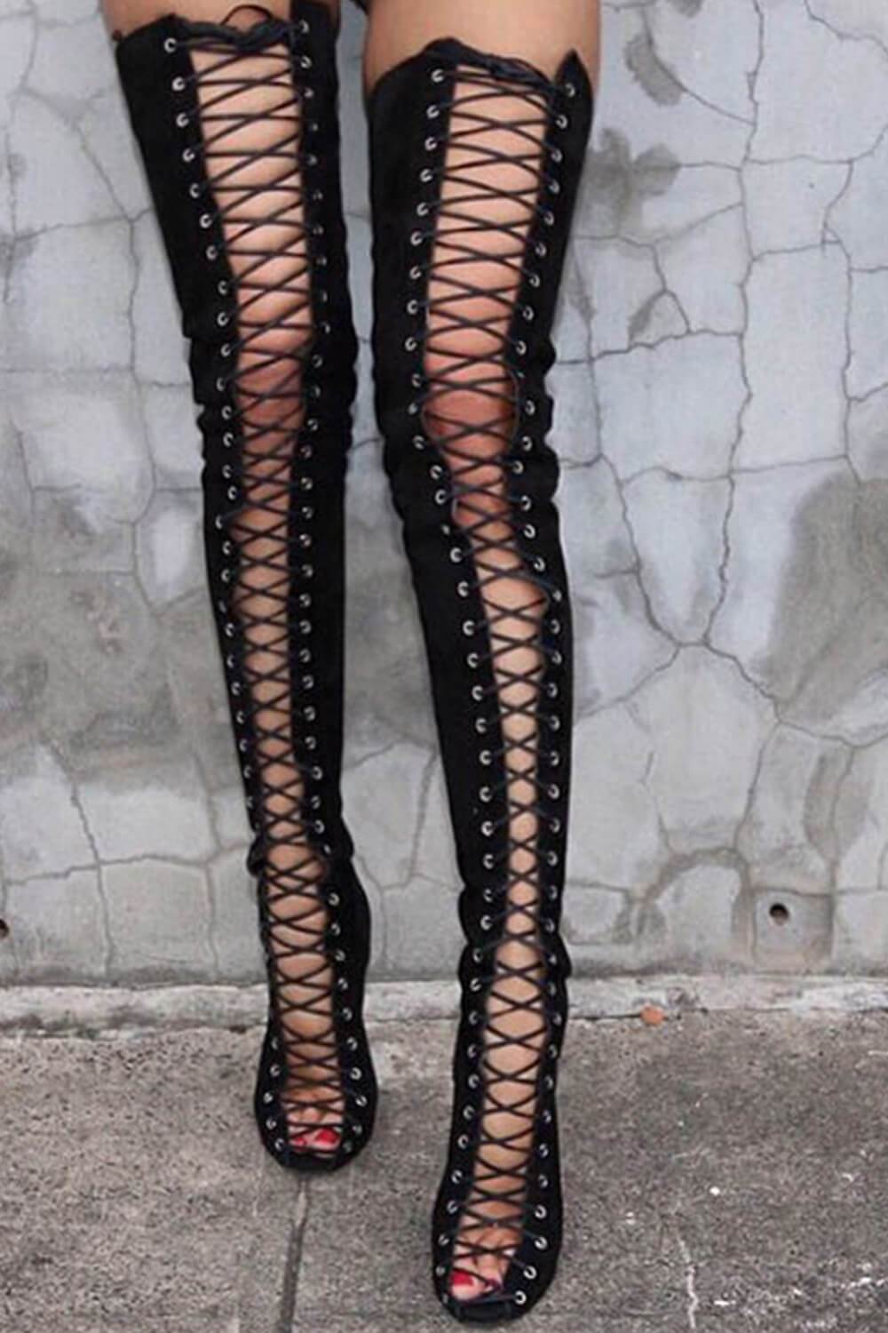 Black Suede Lace Up Peep Toe Thigh High Boots